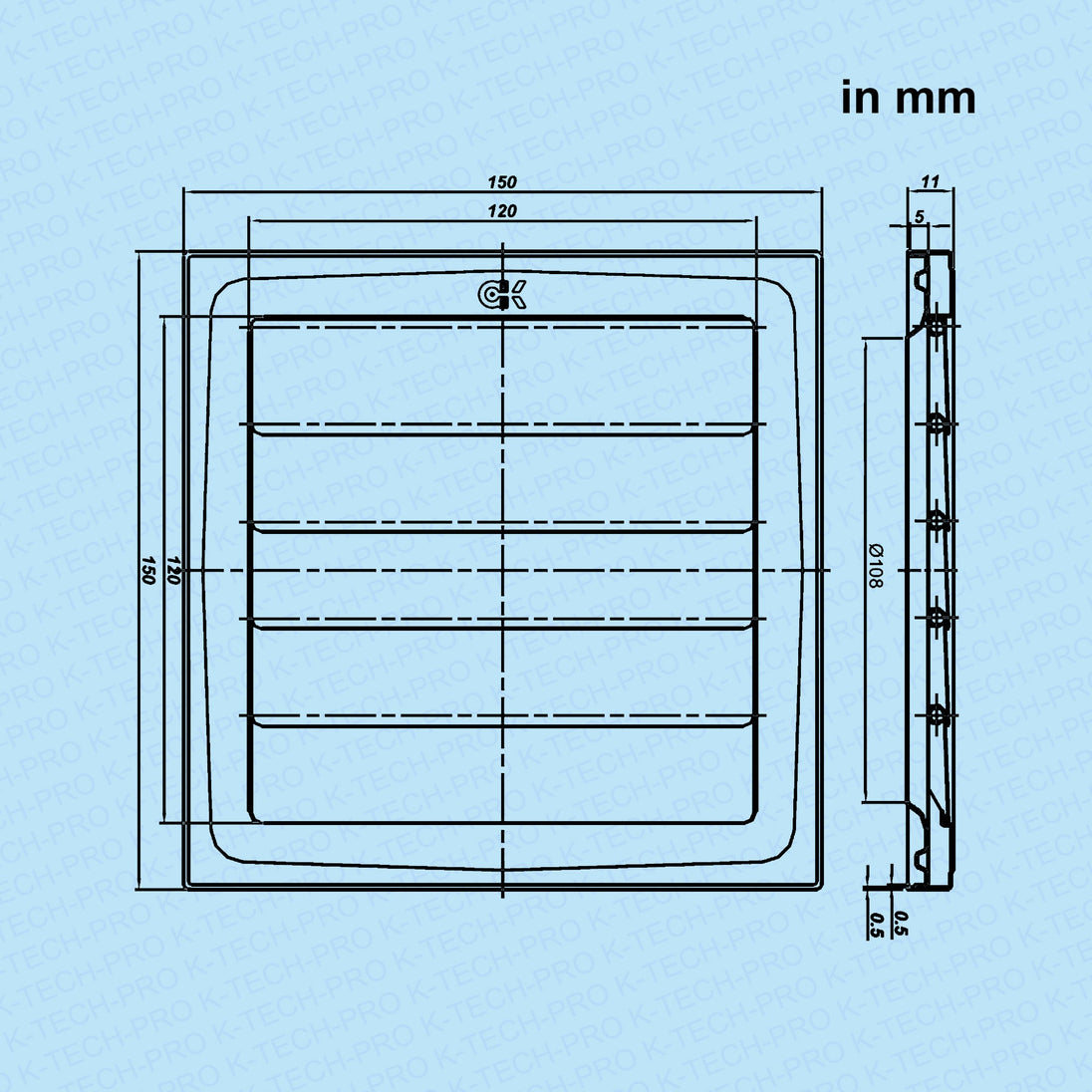 K-TECH-PRO Chrom Lüftungsgitter 150x150 ohne Flansch mit beweglichen Lamellen K127