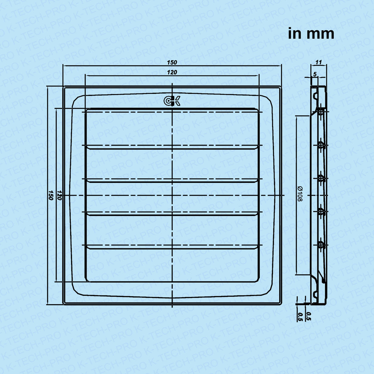 K-TECH-PRO Chrom Lüftungsgitter 150x150 ohne Flansch mit beweglichen Lamellen K127