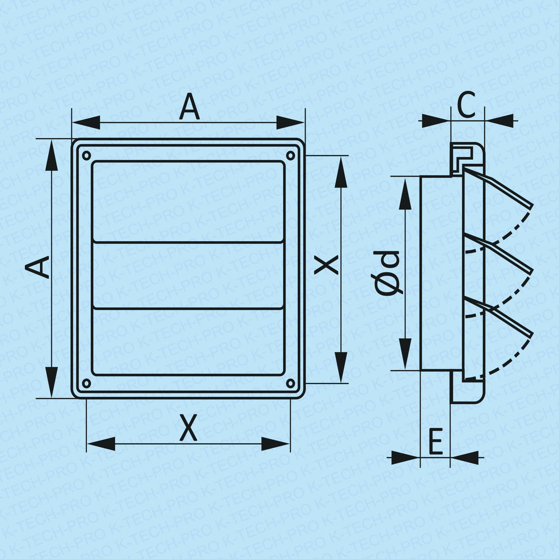 K-TECH-PRO Lüftungsgitter KTechE mit Flansch mit beweglichen Lamellen K150.1