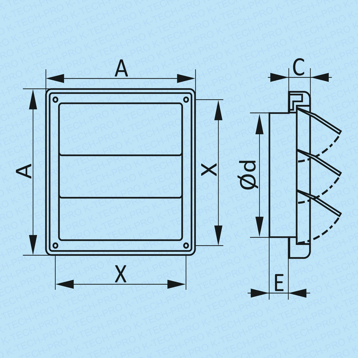 K-TECH-PRO Lüftungsgitter KTechE mit Flansch mit beweglichen Lamellen K150.1